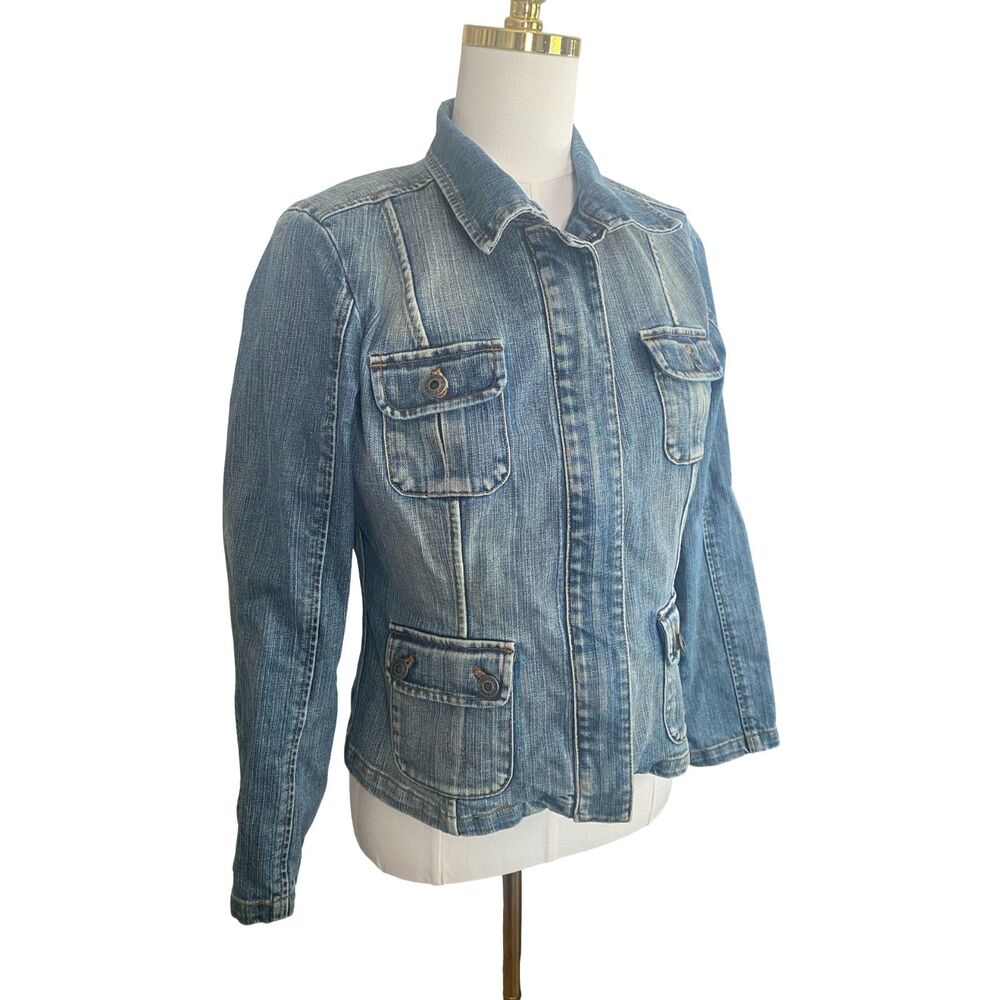 Vintage Talbots Denim Utility Jacket 10P Y2K Blue Jean Trucker Safari Chore Coat - Picture 2 of 12